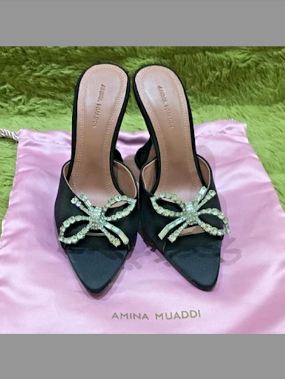 Amina Muaddi Black Satin Crystal Embellished Rosie Pumps SZ36 EU NWOB